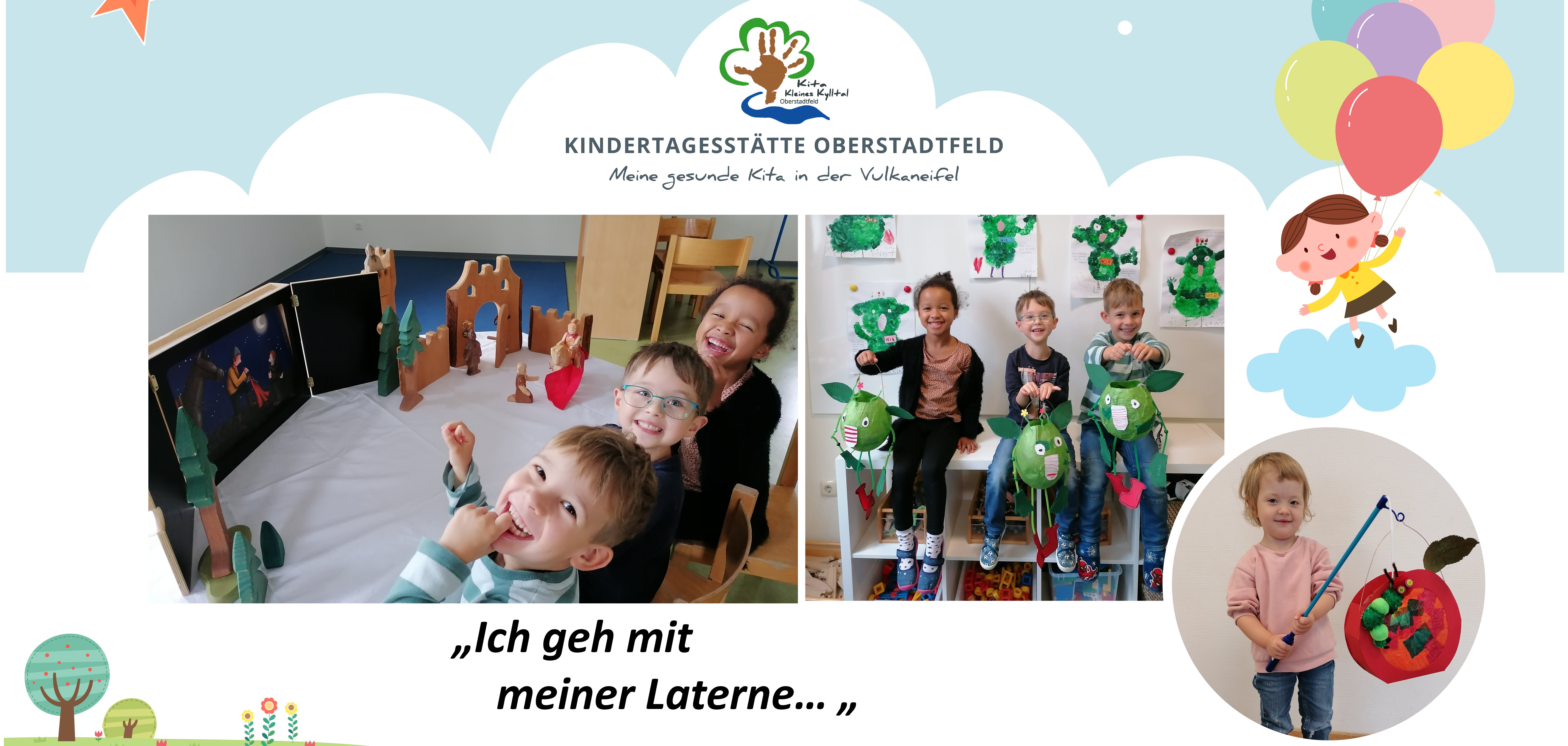 Kinder mit Laternen und vor Figuren