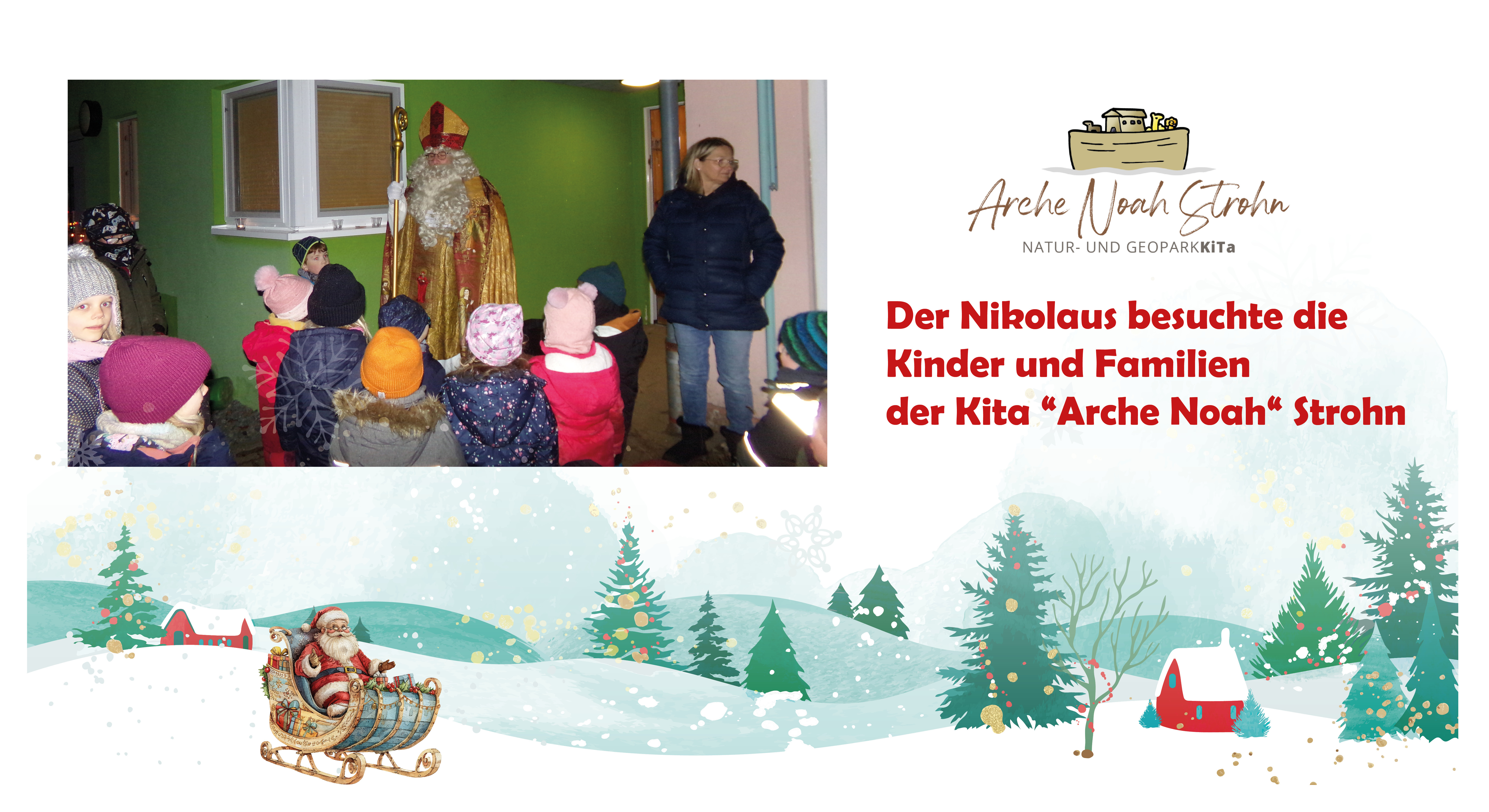 Nikolaus besucht Kita Strohn - Kinder und Nikolaus gemeinsam vor der Kita