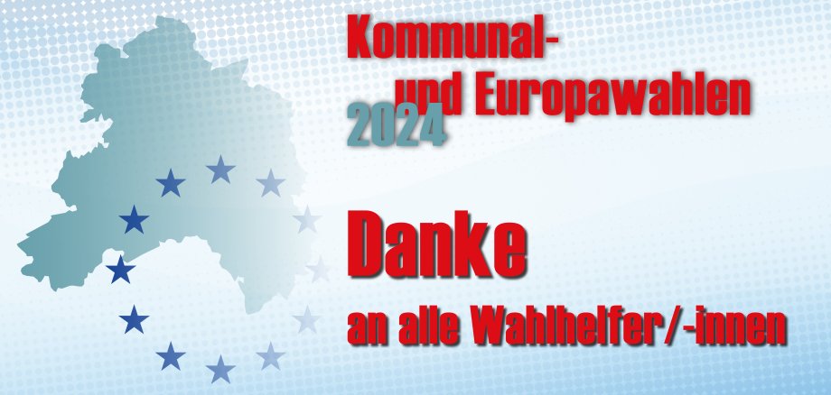 Symbolbild Kommunal- und Europawahlen 2024 Danke an alle Wahlhelfer/-innen mit Karte der Verbandsgemeinde und Europasternen im Hintergrund