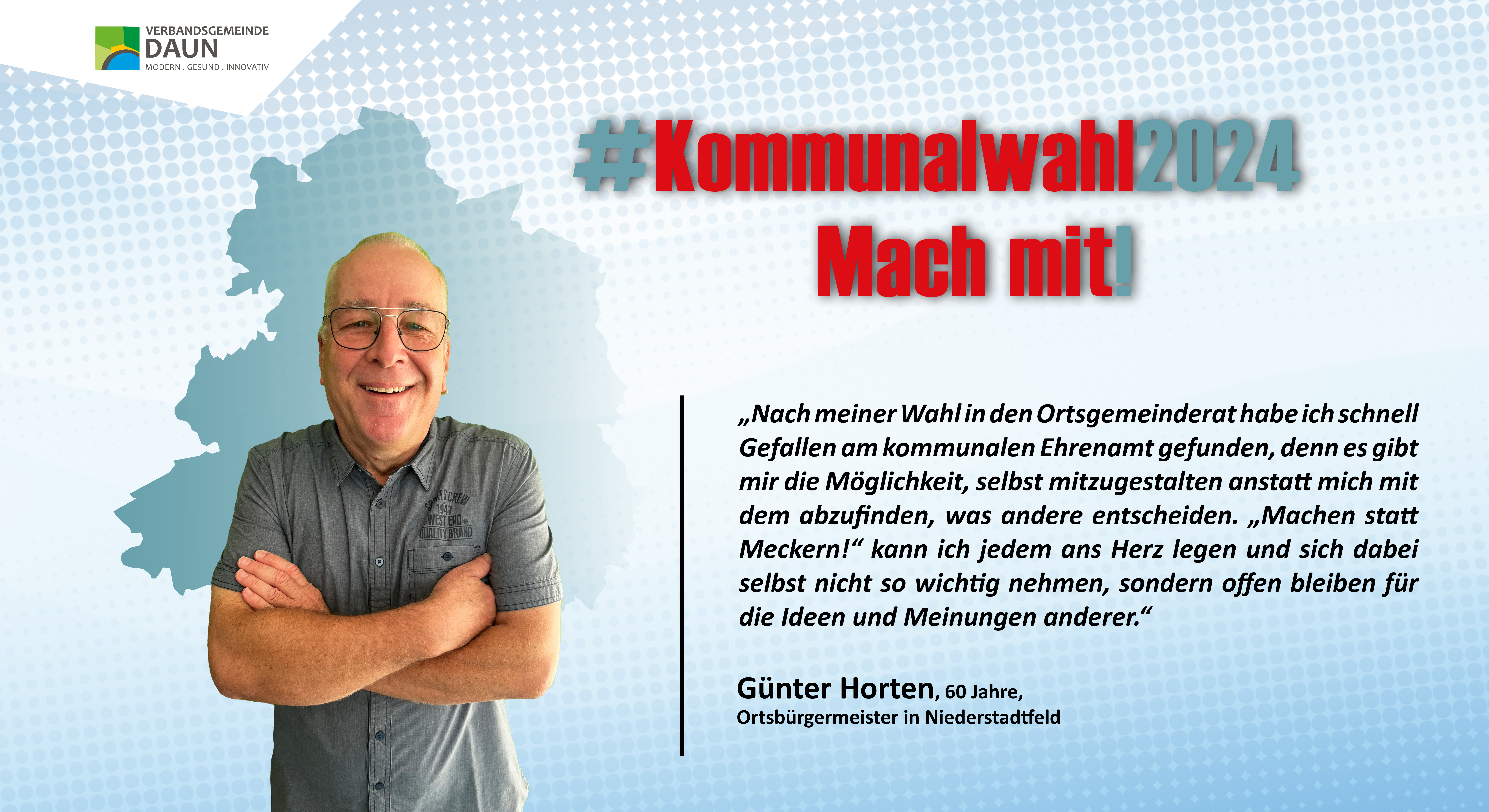 Person mit Zitat zu kommunalpolitischem Engagement