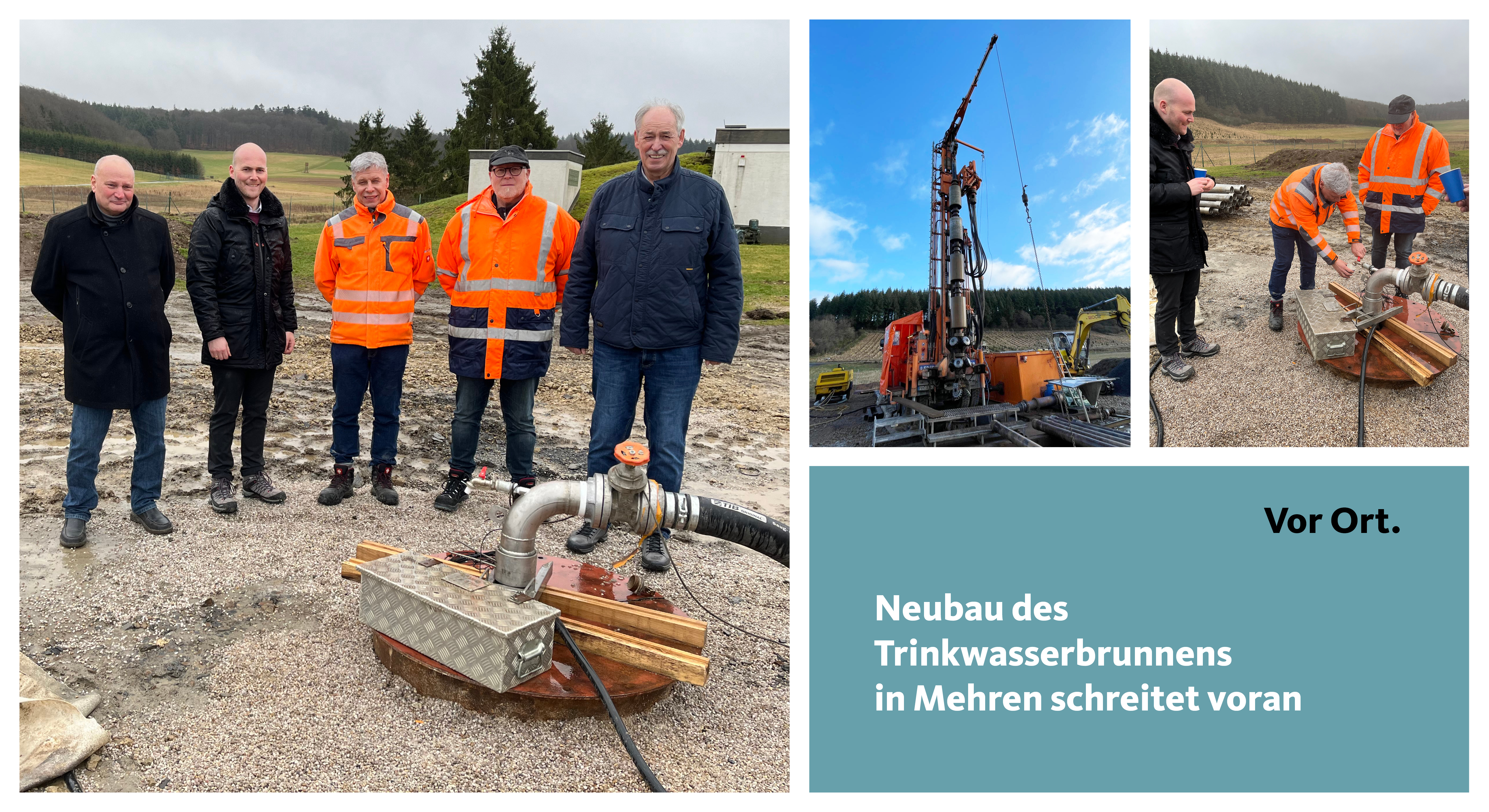 Personen mit Baumaschinen bei Brunnenbohrung