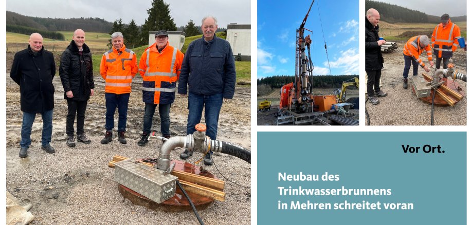 Personen mit Baumaschinen bei Brunnenbohrung