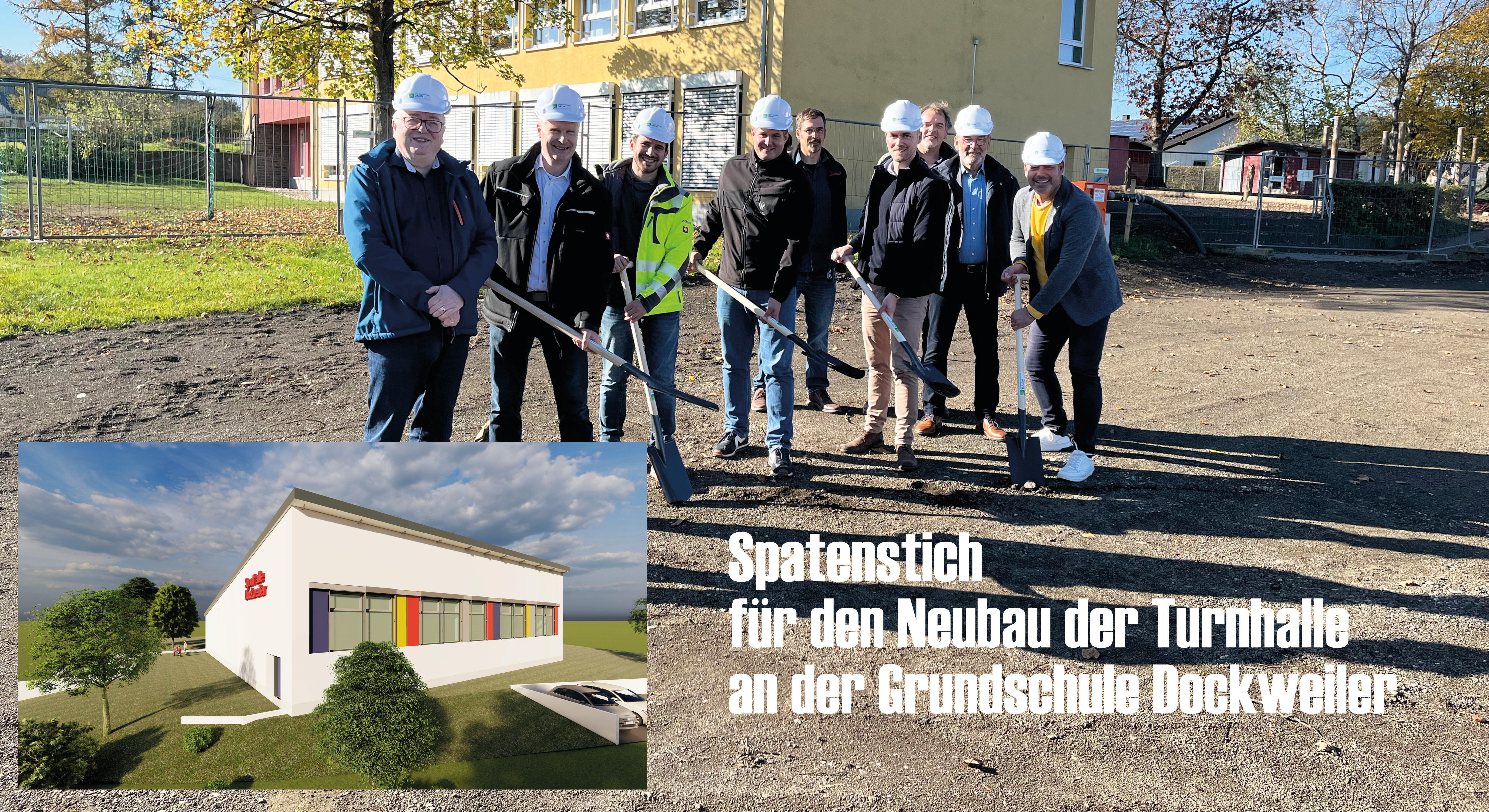 Personen auf dem Grundstück der neuen Turnhalle Dockweiler zum Spatenstich