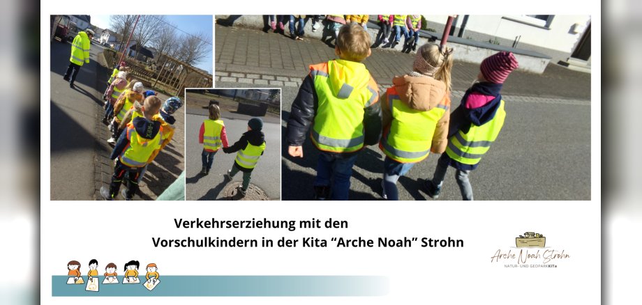 Collage, Kinder mit Warnwesten an Zebrastreifen