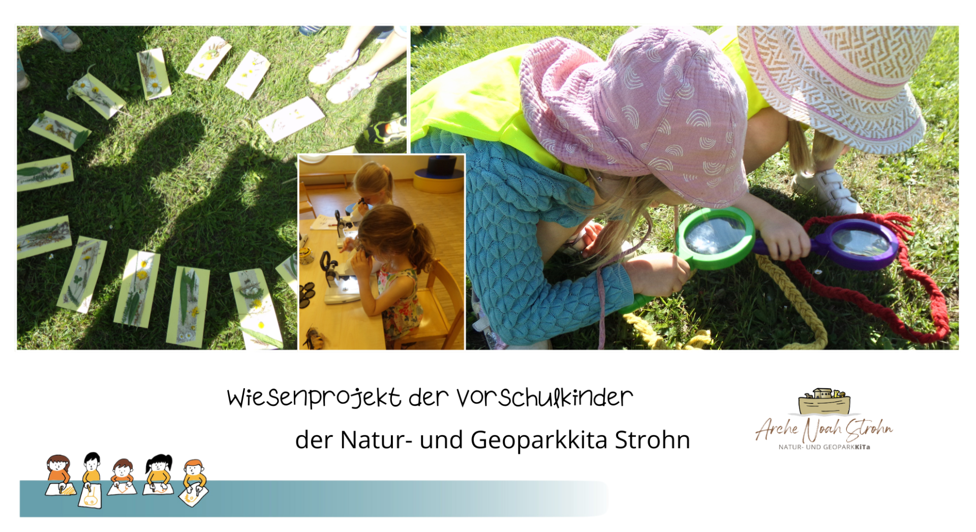 Collage Kinder Auf Wiese und mit Mikroskop