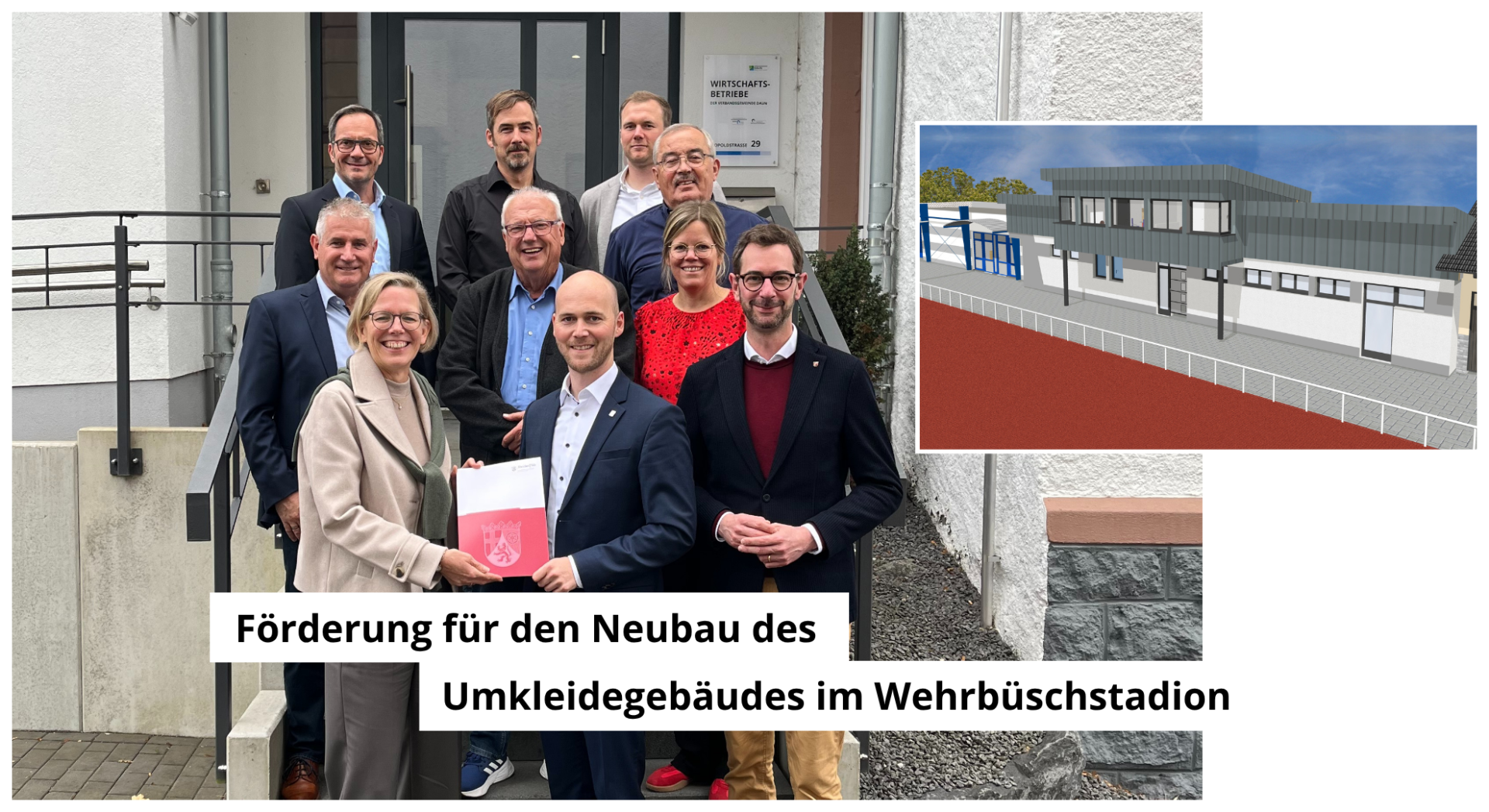 Symbolbild - Personen bei Bescheidübergabe und Planansicht des neuen Gebäudes