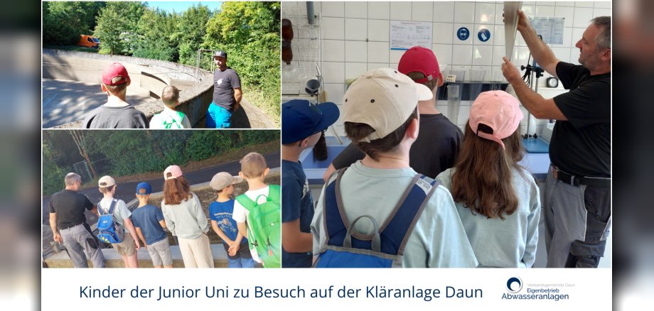 Kinder der Junior Uni zu Besuch auf der Kläranlage Daun_HP - 1 Collage, Kinder schauen sich Reinigungsprozess an