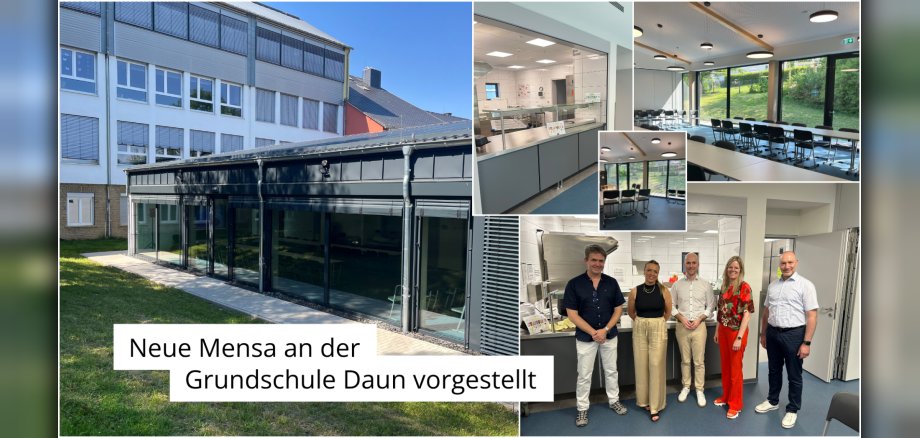 Neue Mensa an der Grundschule Daun vorgestellt_HP - 1 Collage; Außenansicht Mensa und Personen vor Küche