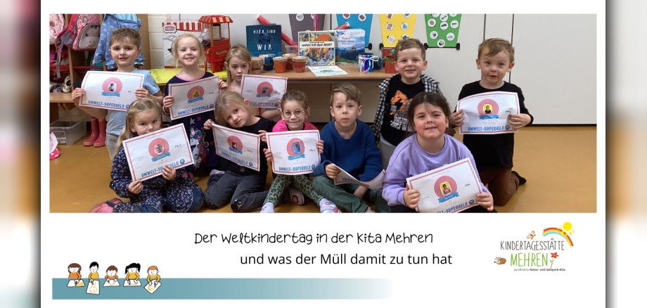 Kita Mehren, Weltkindertag_HP - 1 Kinder sitzen auf Boden und zeigen ihre Urkunden