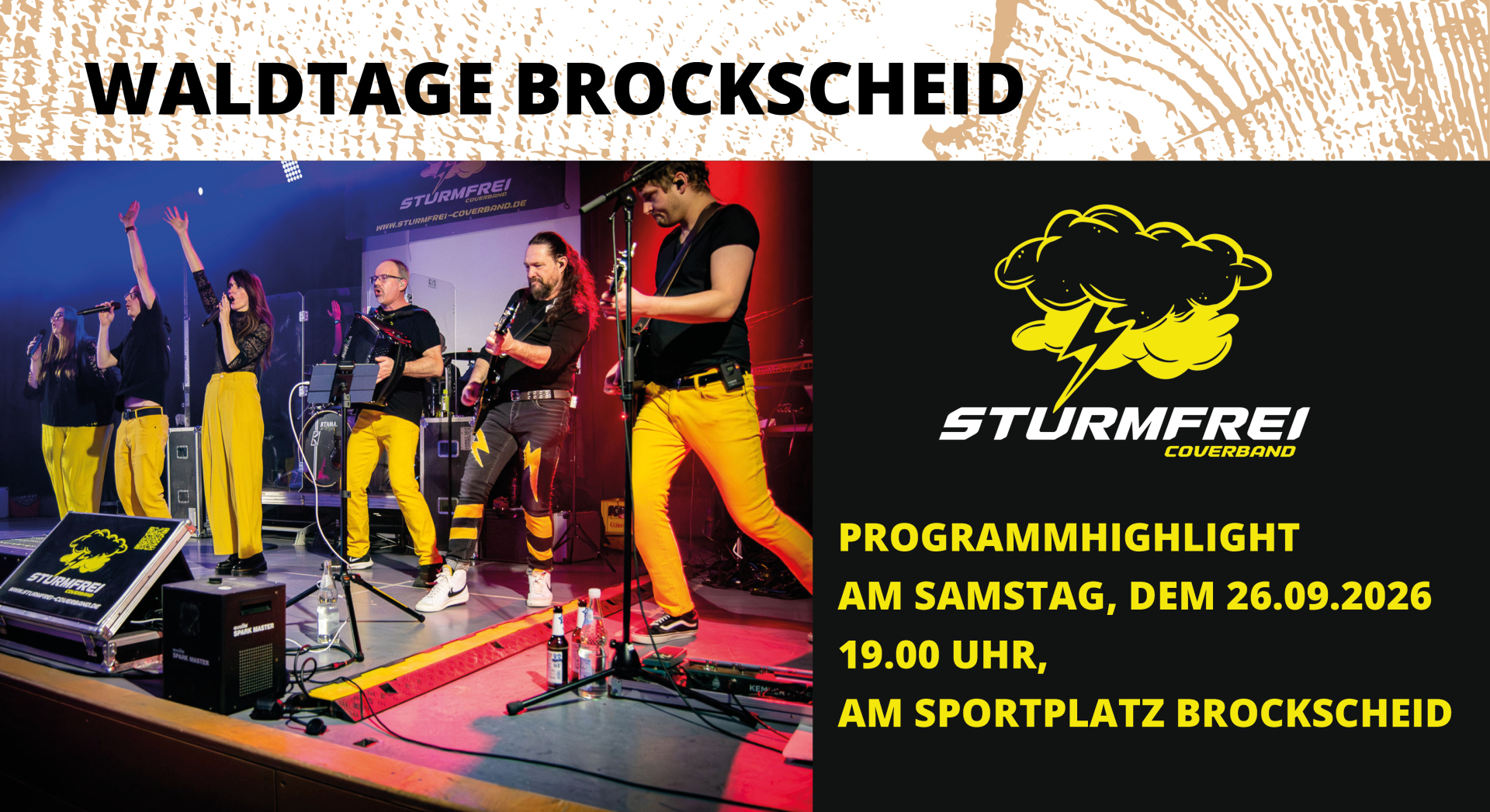 Symbolbild, Band auf Bühne und Terminankündigung