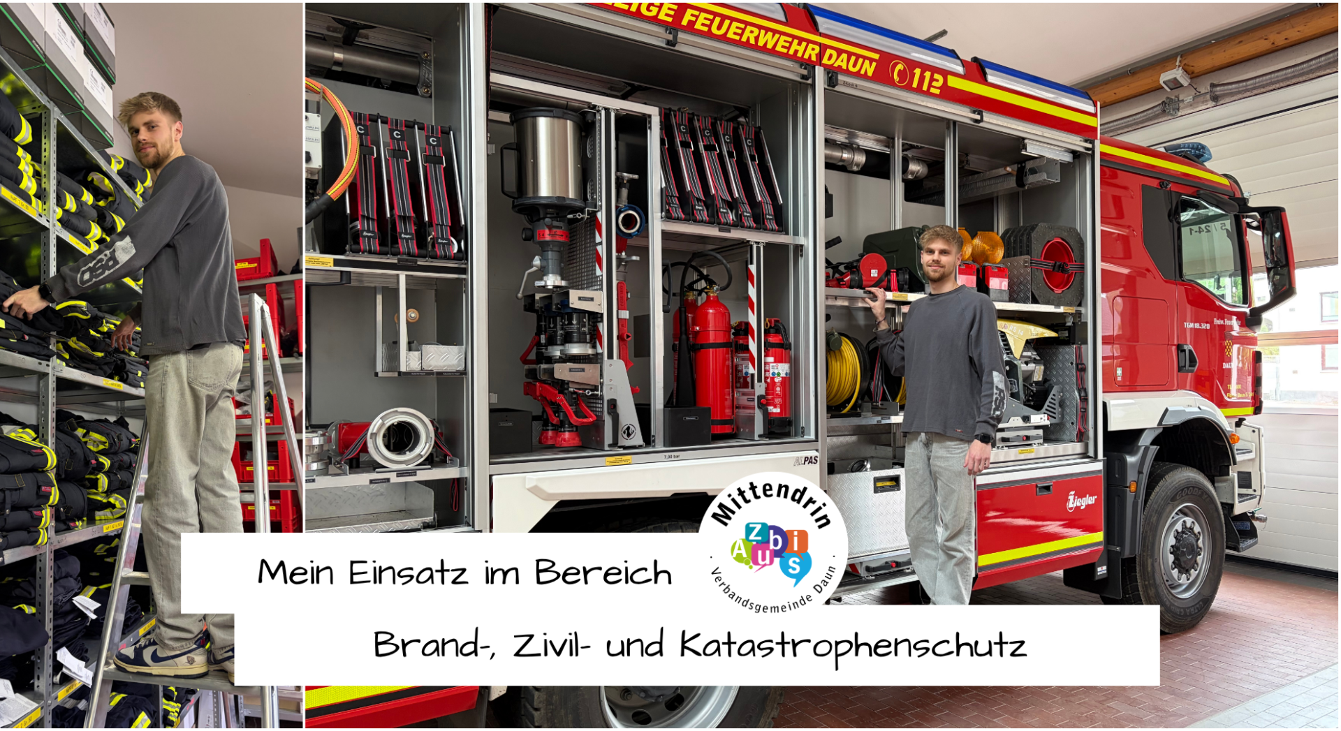 Azubi vor Feuerwehrfahrzeug