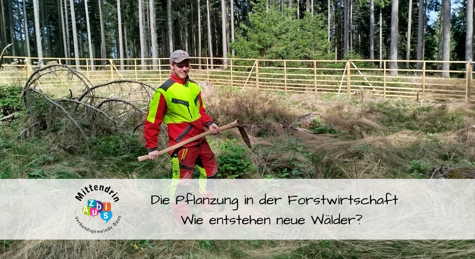 Forstwirt mit Werkzeug auf Freifläche vor Wald